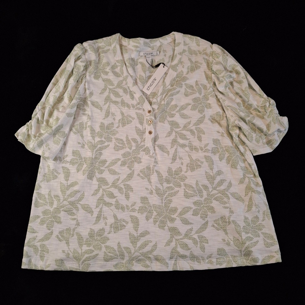 Chico's 4 Womens XXL Henley Tee Mint Green White Floral Cotton Slub NWT